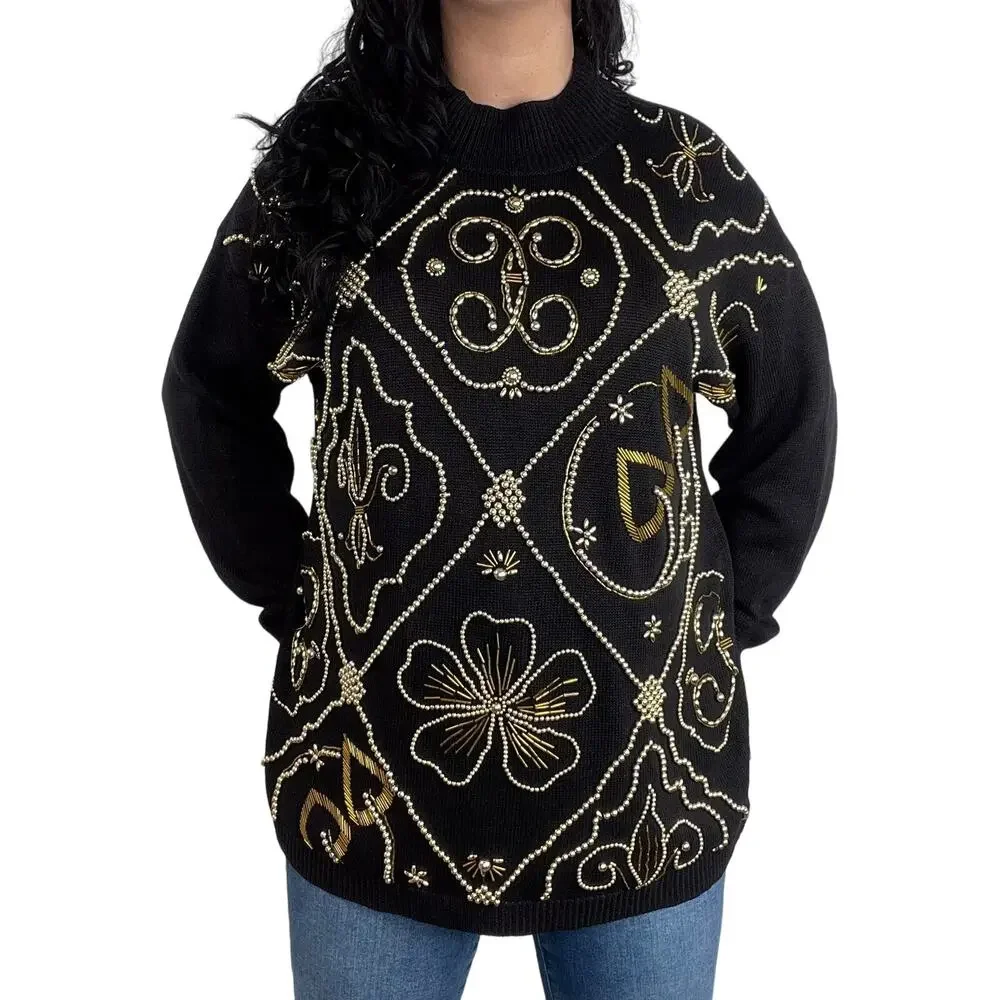 Victoria Jones 1980s Vintage Black & Gold Beaded Embroidered Sweater Large